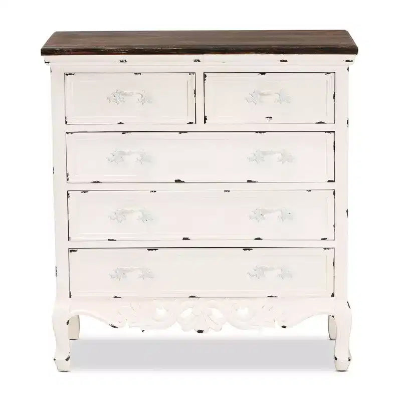Meuble de rangement à 5 tiroirs en bois bicolore noyer brun/blanc