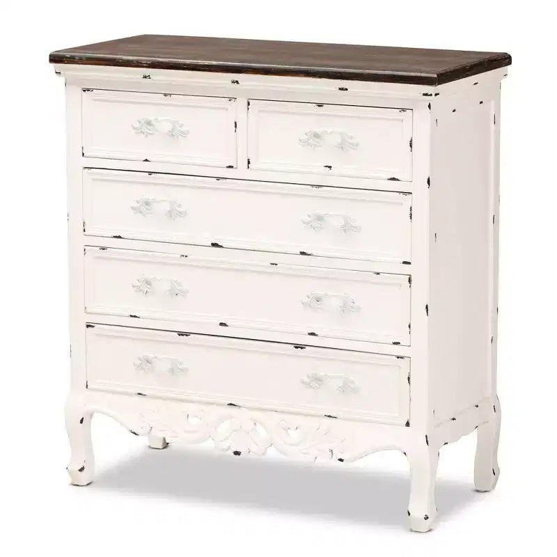 Meuble de rangement à 5 tiroirs en bois bicolore noyer brun/blanc