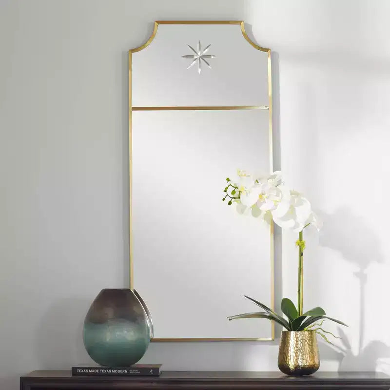 Miroir mural décoratif de vanité rectangulaire, coins arrondis, cadre en laiton brossé satiné, 18 de large, pour salle de bain, chambre à coucher, salon