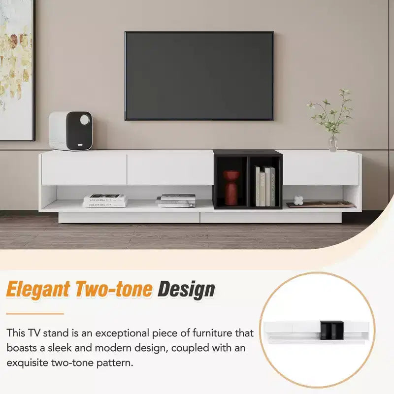 Meuble TV élégant de 74,8 po pour téléviseurs jusqu'à 80 po, console multimédia bicolore avec compartiment multifonctionnel