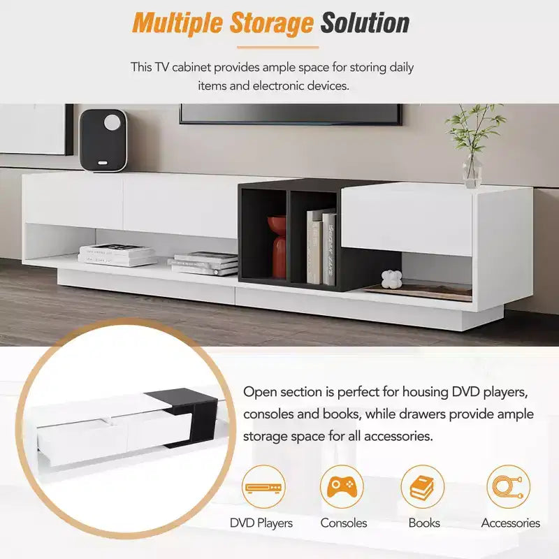 Meuble TV élégant de 74,8 po pour téléviseurs jusqu'à 80 po, console multimédia bicolore avec compartiment multifonctionnel